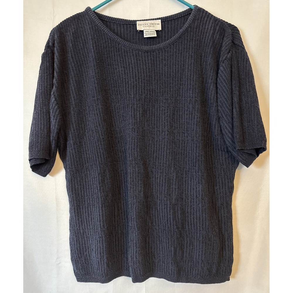 Jacalyn Smith Dark Blue Textured Striped Short Sleeve Sweater Blouse‎ Size Large